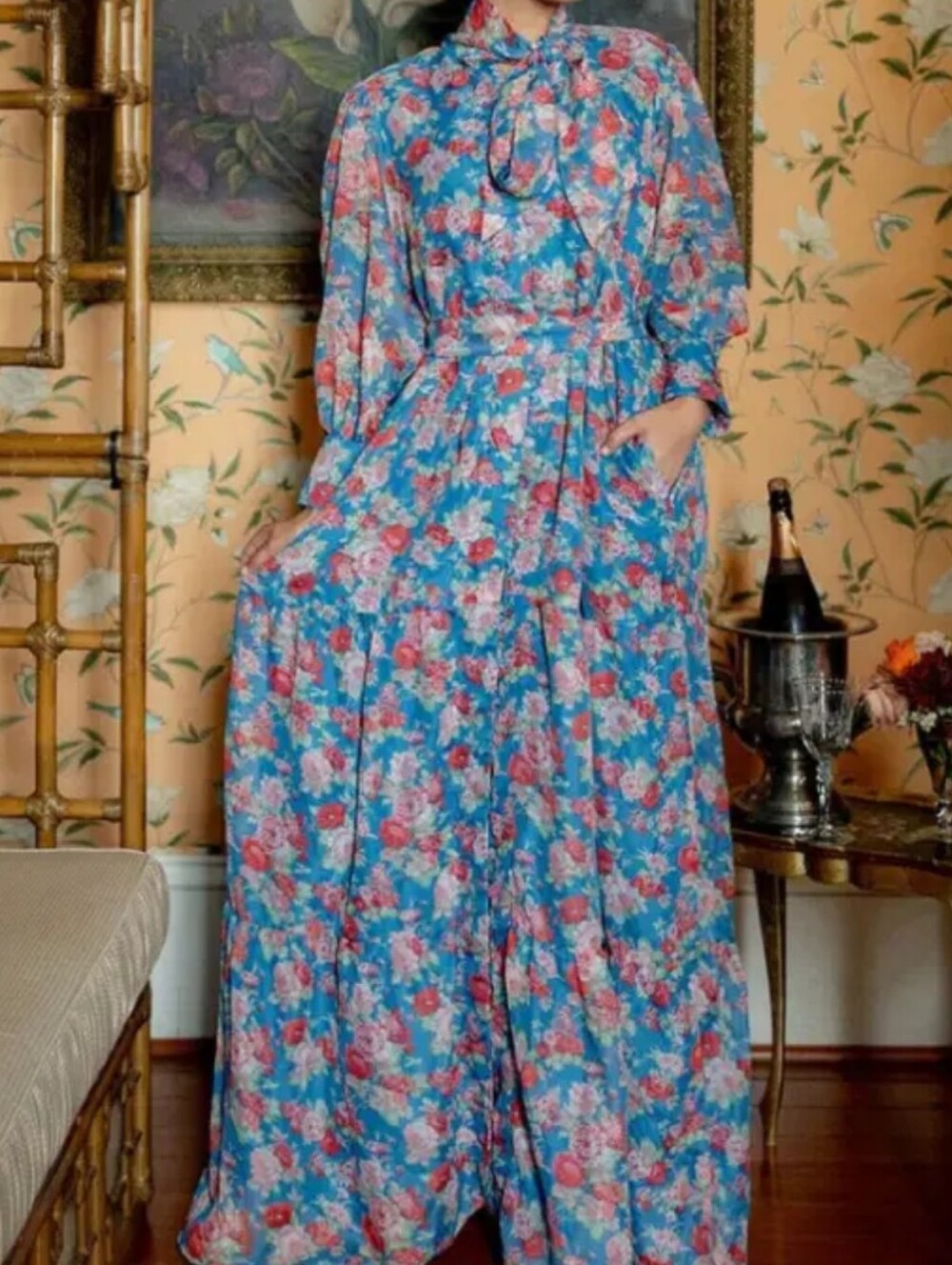 Sue Sartor Blue Red Floral Long Sleeve Tiered Maxi Midi Dress Size Small Boho S